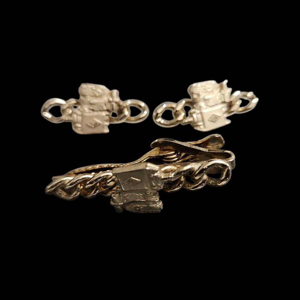 Vintage Krementz Engine Cufflinks Tie Bar Set Gold Tone Automotive